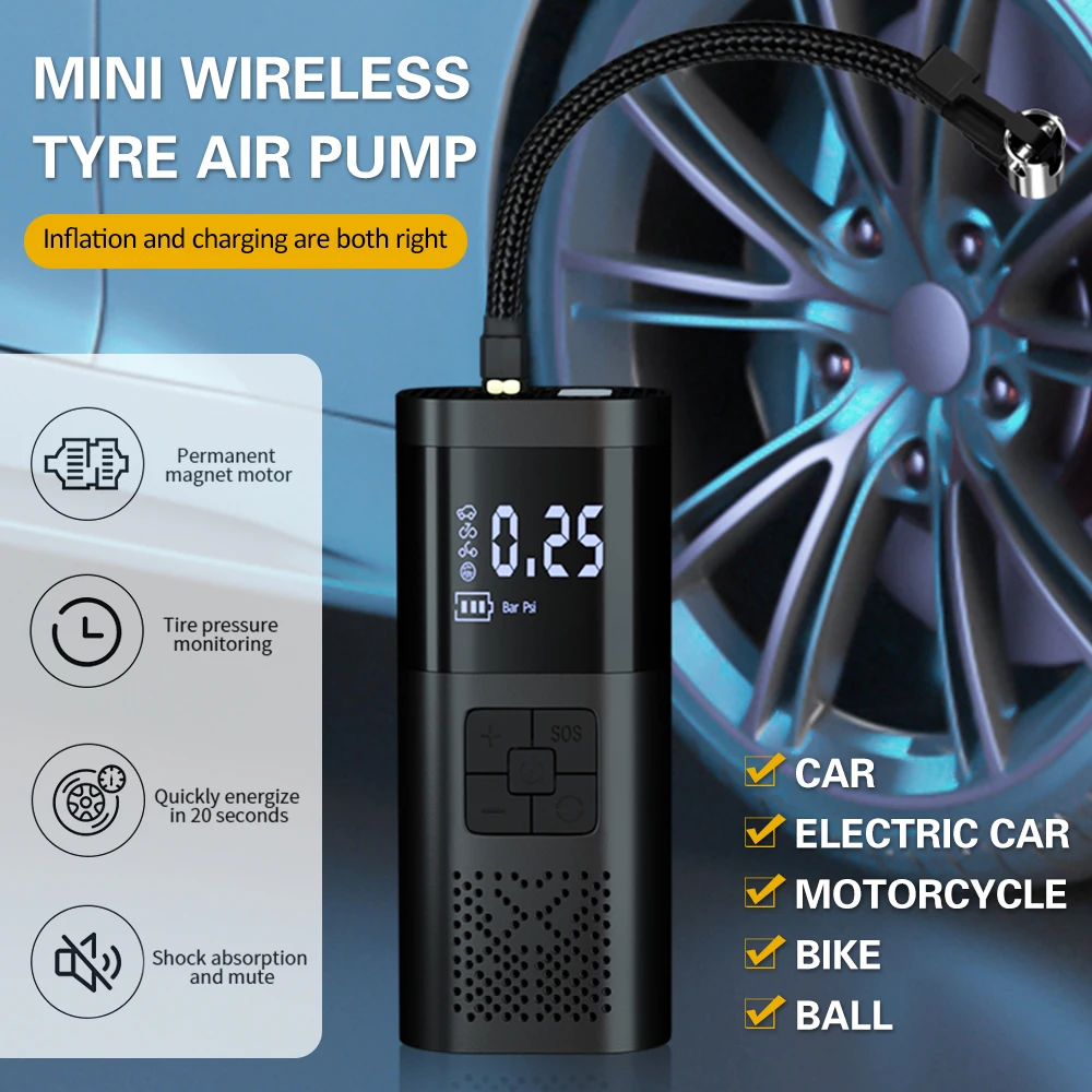 Compresseur d'air électrique sans fil pour voiture, avec batterie de 6000  mAh, 150 PSI, affichage numérique LCD, Mini pompe à pneu, lumière LED -  AliExpress