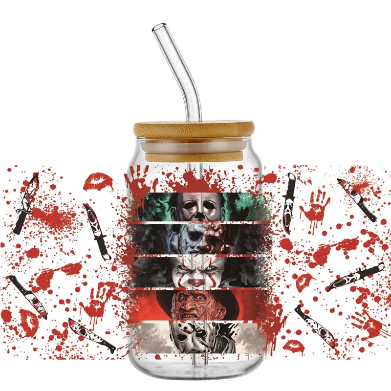 Miniso The Killer Series Decal UV DTF Cup Wrap Halloween Transfer Sticker for 16oz Libbey DIY Mug Decal Transfer Sticker sticker cups cup wraps uv dtf wrap transfer