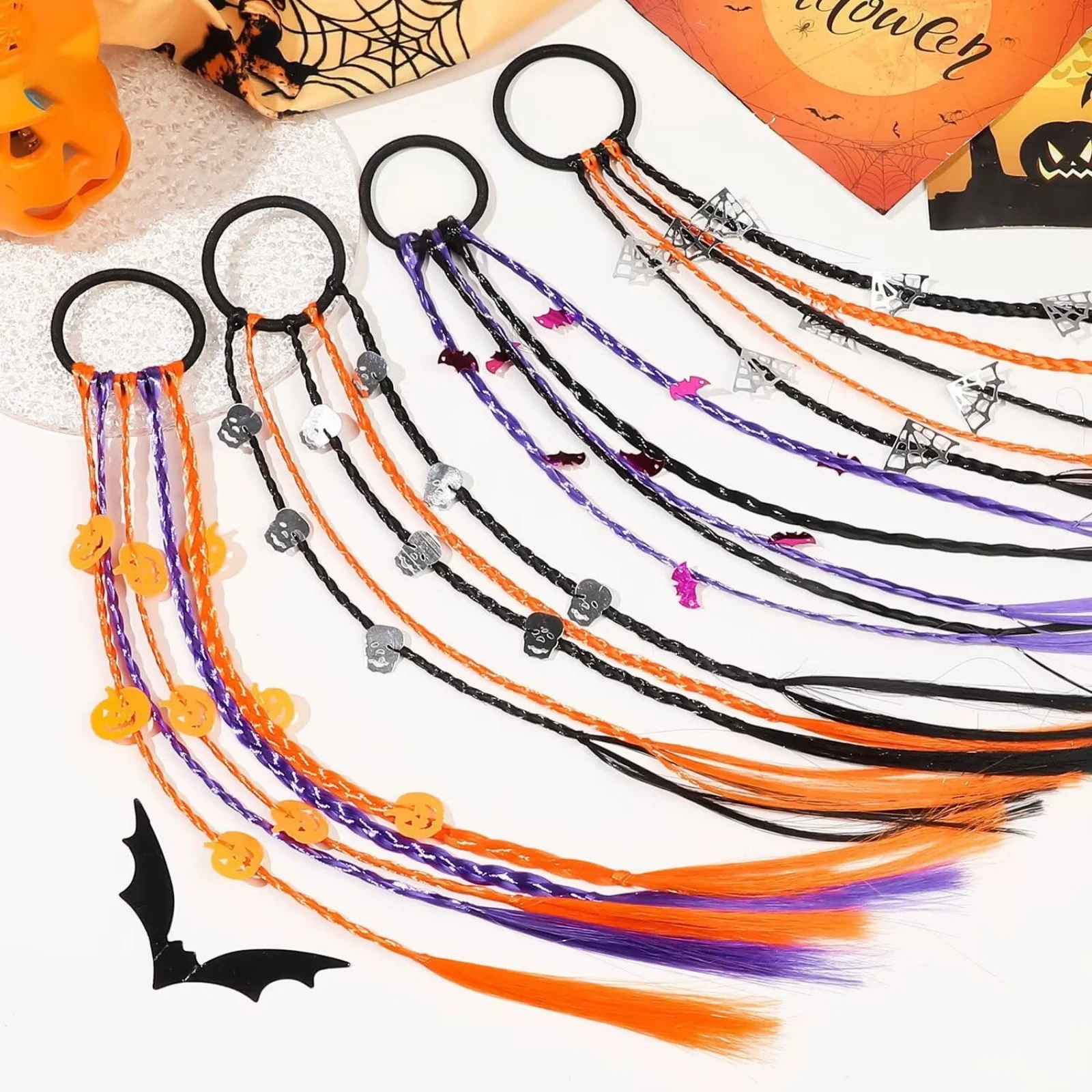 1PC Colorful Halloween Hair Ties: Braided, With Pumpkin And Skull Charms, Perfect For Themed Looks