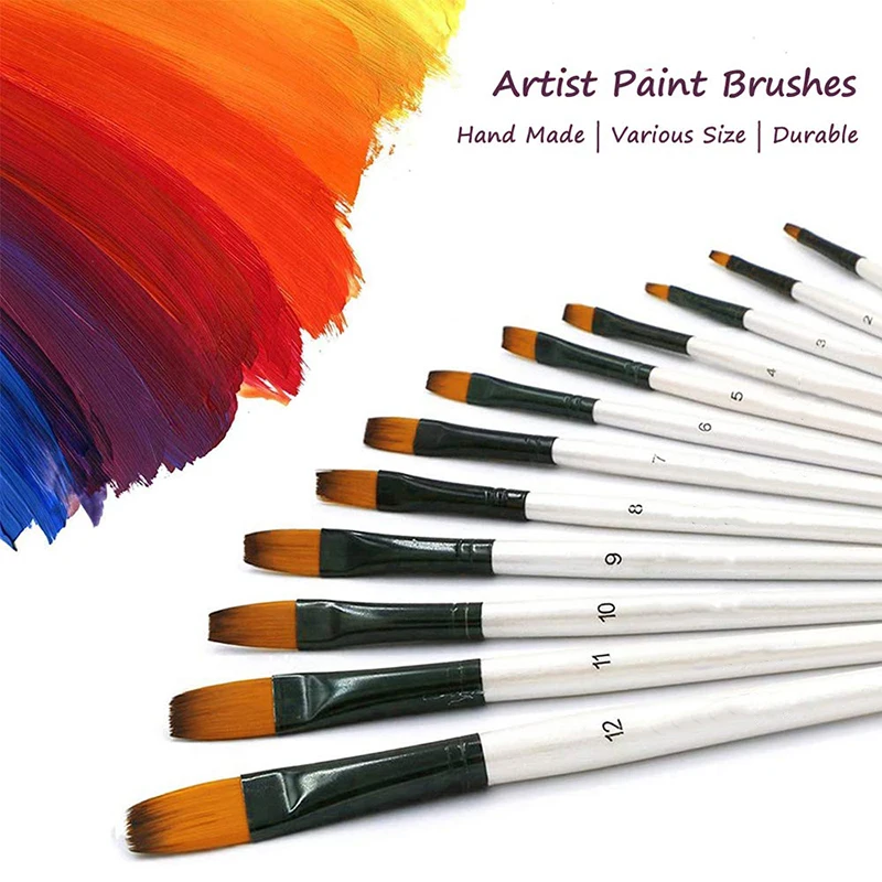 Professional Art Paint Brushes Set 12pcs Nylon Flat Paint Brush for Watercolor Oil Acrylic Face Body Nail Rock Painting Acrylic