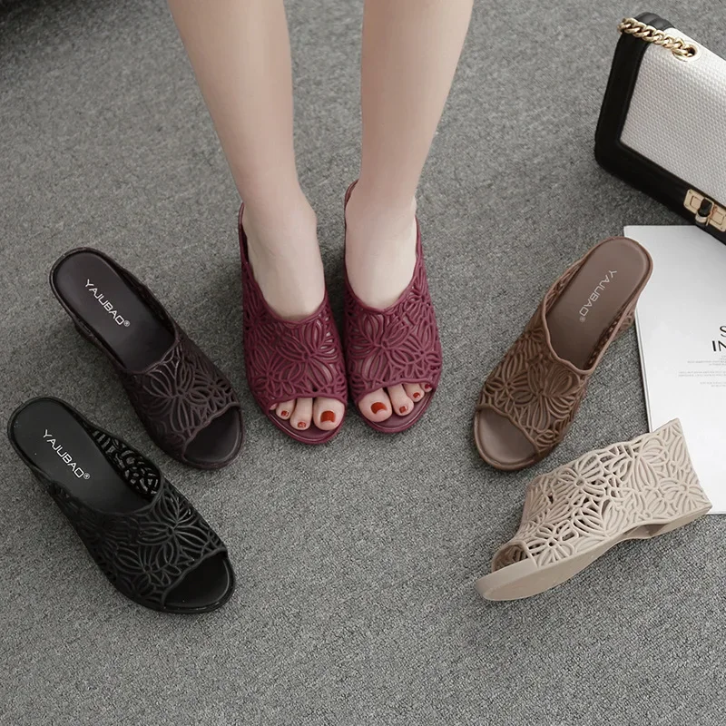 Summer Hollowed-out High Heels Jelly Slippers Women's Non-slip Plastic Wedge Sandals Fashion Outdoor Wear Thick Soles