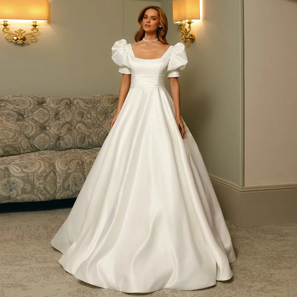 Princess Wedding Dresses Short Sleeves Square Neck Pleat Belt Pocket Bride Dress A Line Satin Bridal Gown Back Zipper Buttons 5