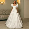Princess Wedding Dresses Short Sleeves Square Neck Pleat Belt Pocket Bride Dress A Line Satin Bridal Gown Back Zipper Buttons 5
