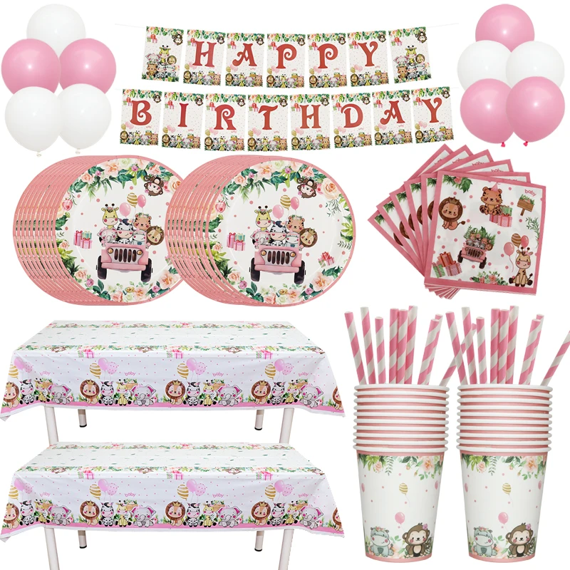 

Набор одноразовой посуды в виде розовых животных джунглей, бумажный баннер, тарелки, чашки, детский праздник для будущей мамы, Лесной сафари, товары для дня рождения