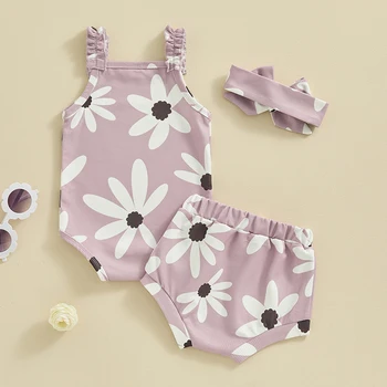 Baby Girl Summer Clothes Waffle Knit Floral Sleeveless Strap Romper Shorts Headband Infant Clothing Set 3