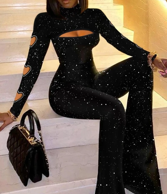 Hot Selling Women's Heart Hollow Printed High Waisted Sexy Elegant Jumpsuit Autumn Winter 2023 New Sequin Flared Pants Jumpsuit