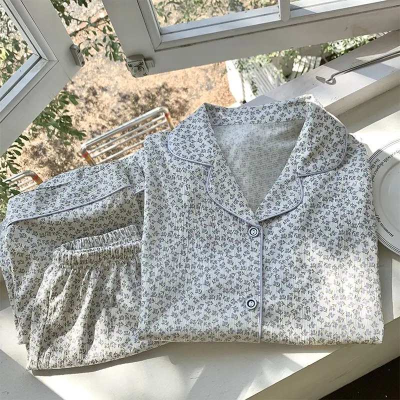 Women's Pajamas Long-Sleeved Trousers Thin Sweet Spring Autumn New Sleepwear Set Female Cardigan Large Size Homewear Suit 2024