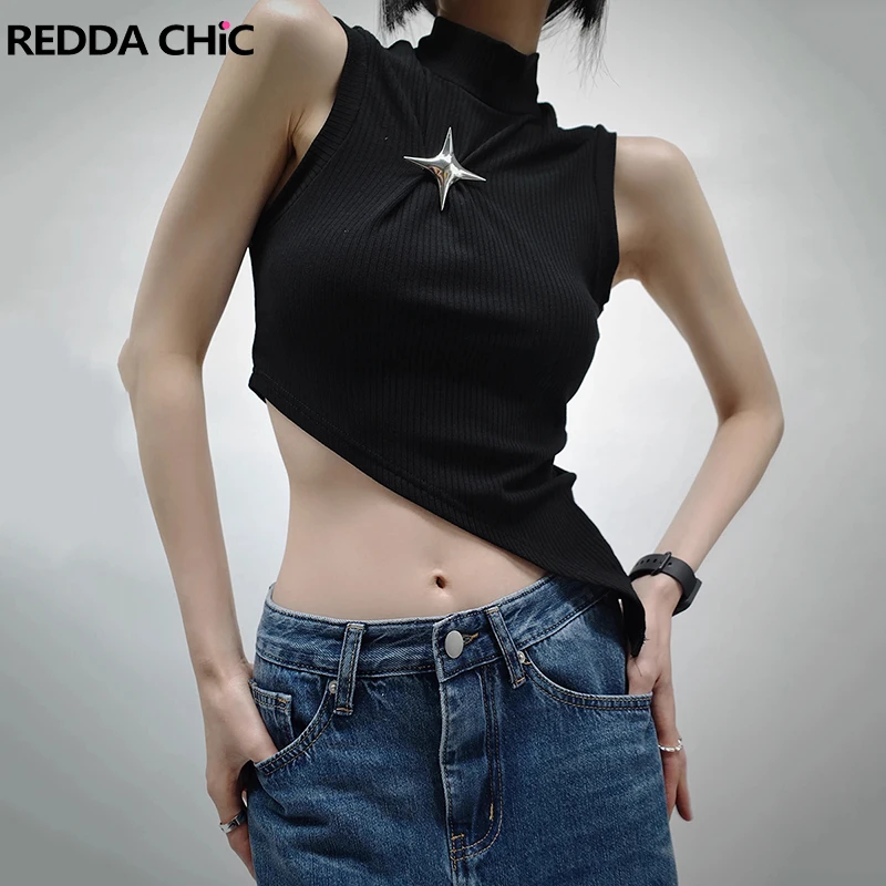 

ReddaChic Star Y2k Turtleneck Sleeveless Vest Women Summer Solid Black Asymmetrical Tank Top Slim Fit T-shirt Grunge Y2k Clothes