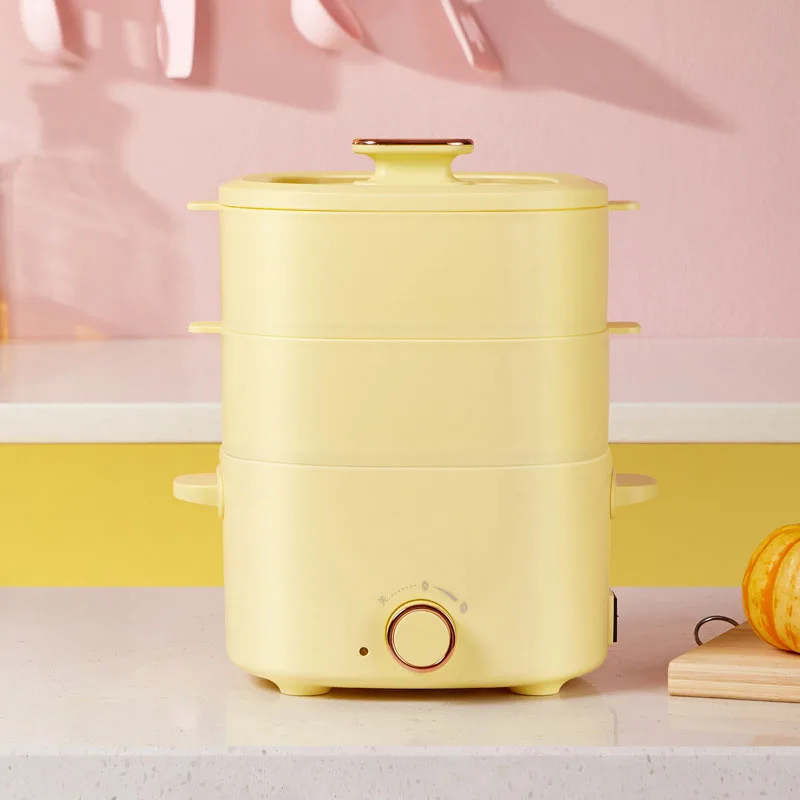 2L household multifunctional electric pot with rotary knob and steamer 2-level firepower non stick liner electric steamer