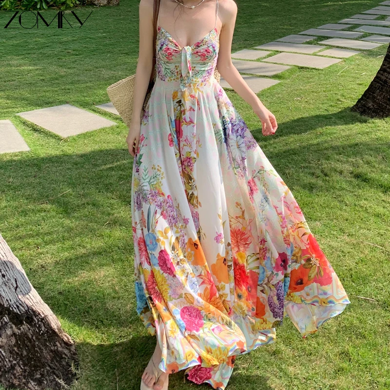 

ZOMRY Spring Summer Sleeveless Chiffon Suspender Dress Women Fashion Sexy Backless V-neck Casual Holiday A-line Printing Dresses