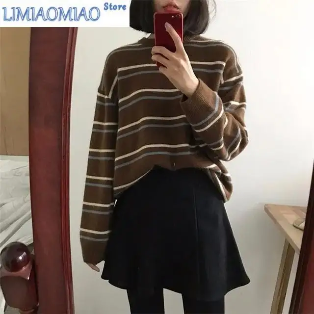 New Striped Vintage Loose Round Neck Acrylic Knitted Sweaters Women Fashion Long Sleeve Pullover Sweater Woman Winter