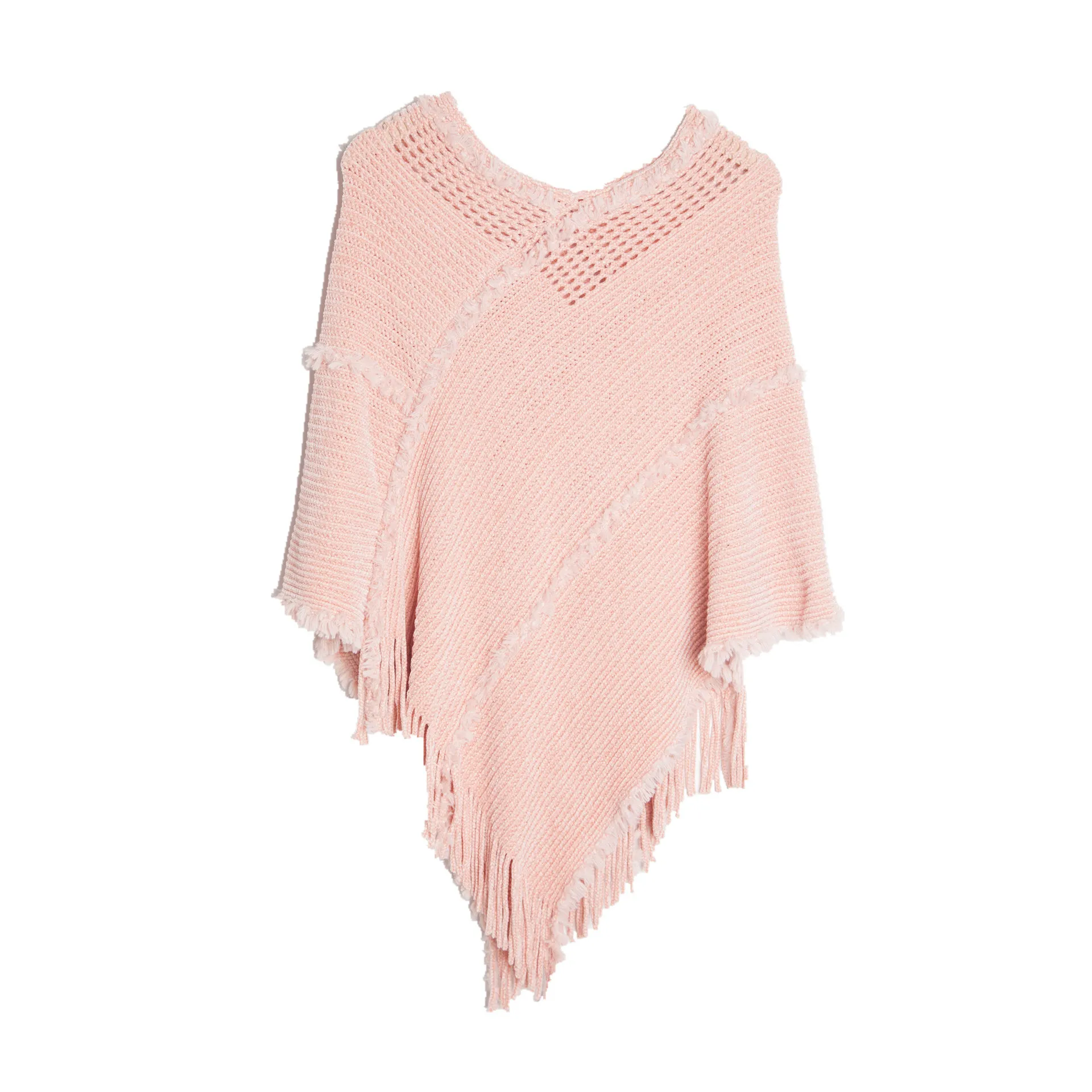 

Spring Autumn Pullover Shawl Knitwear Hollow Knitting Tassel Shawl Women Poncho Lady Capes Pink Cloaks