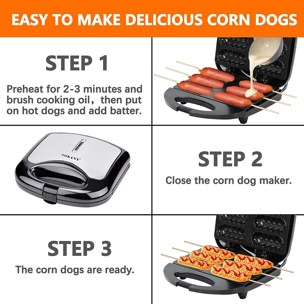 Electric Hot Dog Machine Waffle Maker 6 Corn Dogs Non-Stick Double-sided Heating Sausage Roll Maker Breakfast for Kid Party 220V 4