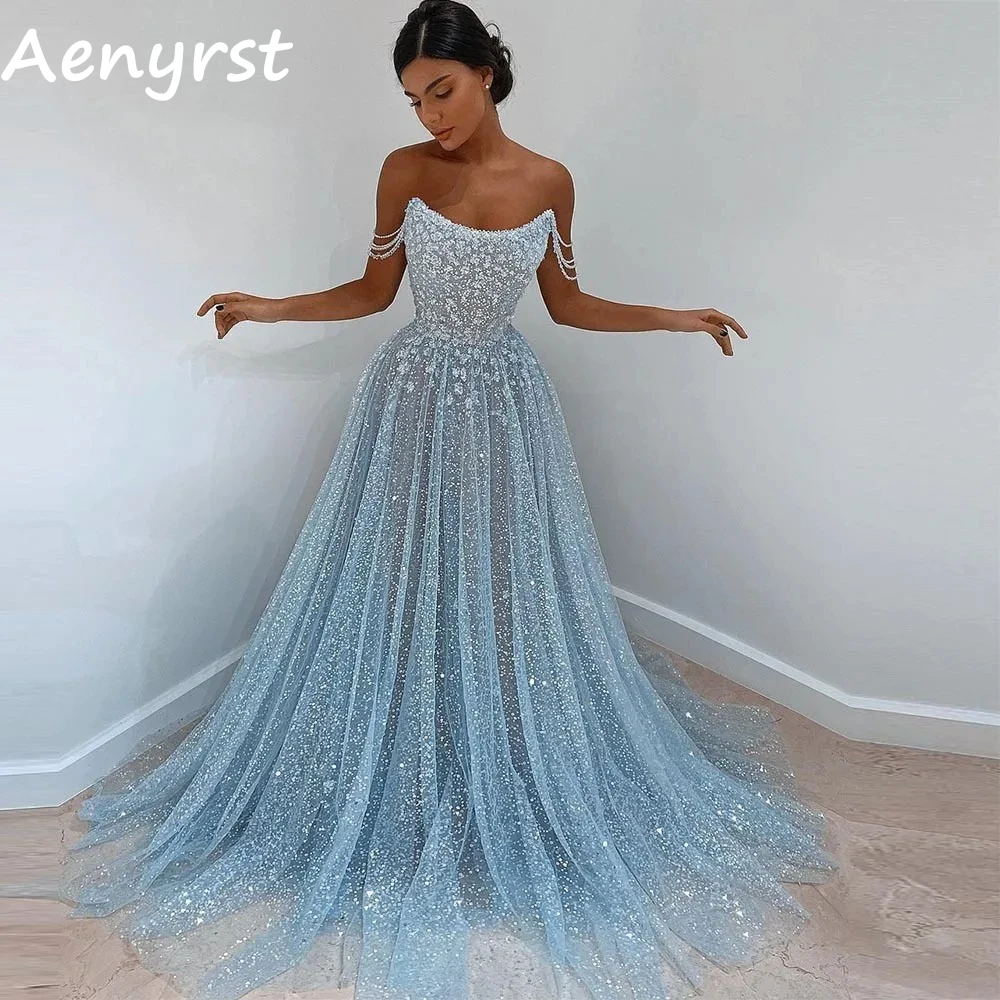 

Aenyrst Blue Sparkly Beading Appliques Prom Dresses A Line Tulle O-Neck Sequined Evening Gowns Floor Length Dinner Party Dress