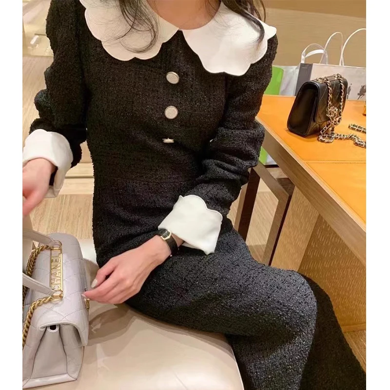 

Korean Chic Autumn Elegant Dress Puff Sleeve Lapel Collar Buttons Collision Color High Waist Slim Dresses Female Clothes