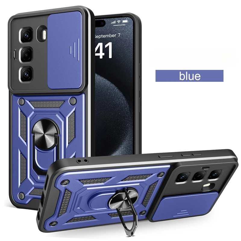 Shockproof Armor Case with Slide Lens Protection and Holder Ring Cover