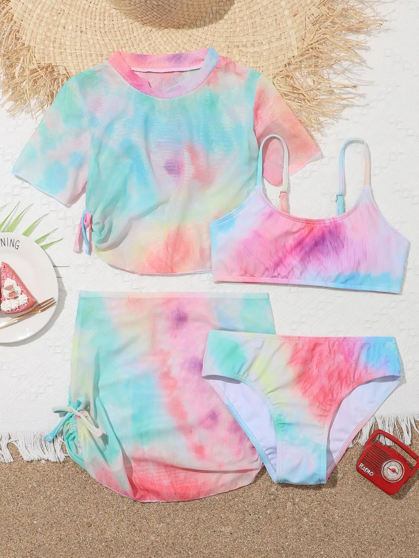 4 Pieces Bikinis Set Top & Skirt 2025 Girls Swimsuit Kids Swimwear Female Children Bathers Bathing Swimming Swim Suit Beachwear 3