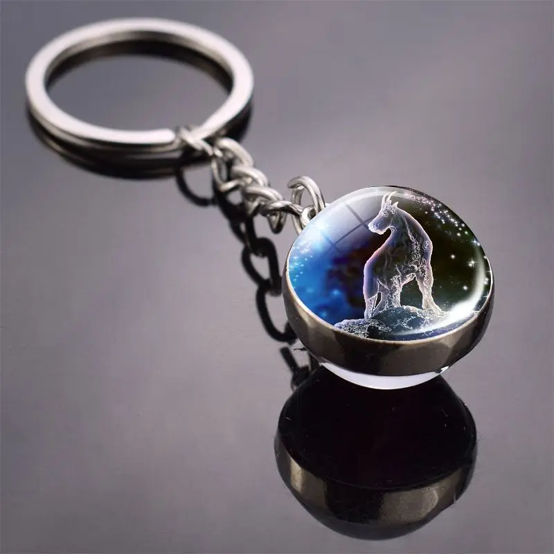 Key Chains 12 Constellation Key Chain Luminous Double Sided Glass Ball Pendant 12 Zodiac Key Chain Fashion Birthday Gift for Men and Women