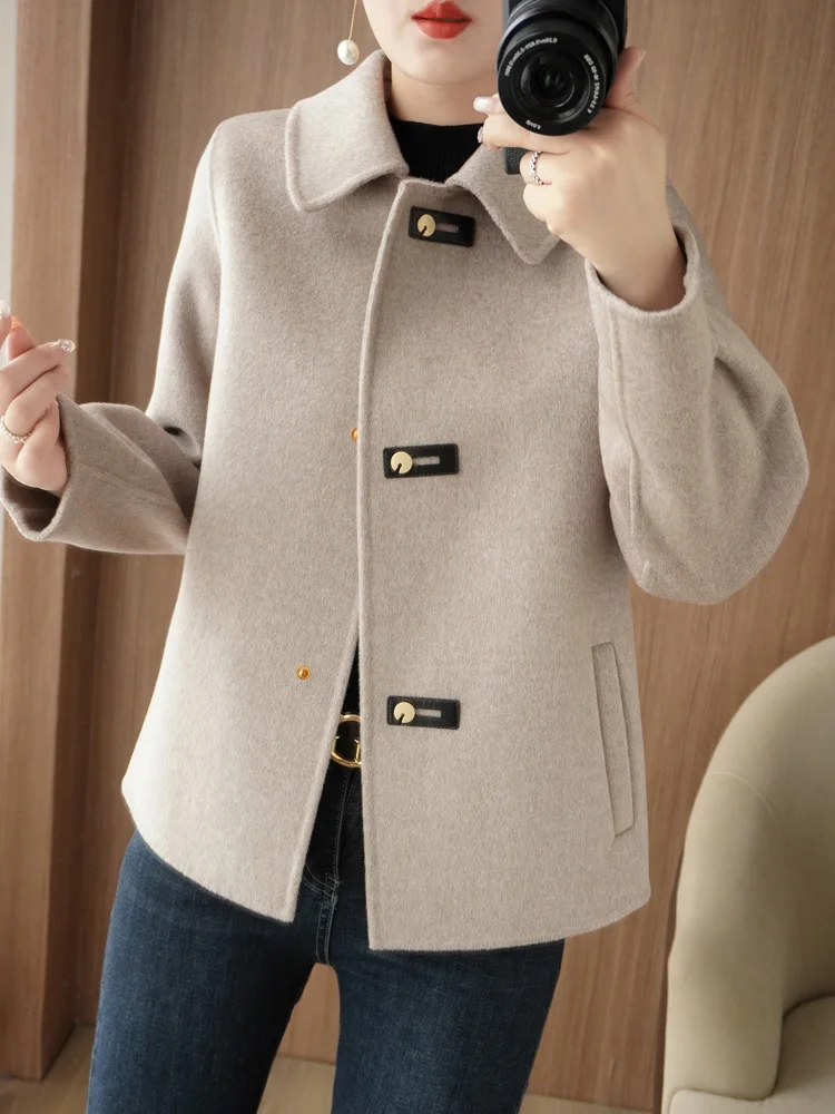 울블렌코트 한국 패션 여성 캐주얼 느슨한 모직 코트 우아하고 시크한 솔리드 겉옷 벨티트 여성 따뜻한 망토와 긴 외투 10 여성 100% 순모 양면 캐시미어 코트, 짧은 단색 캐주얼 모직 코트, 하이엔드 패션, 가을 겨울 신상