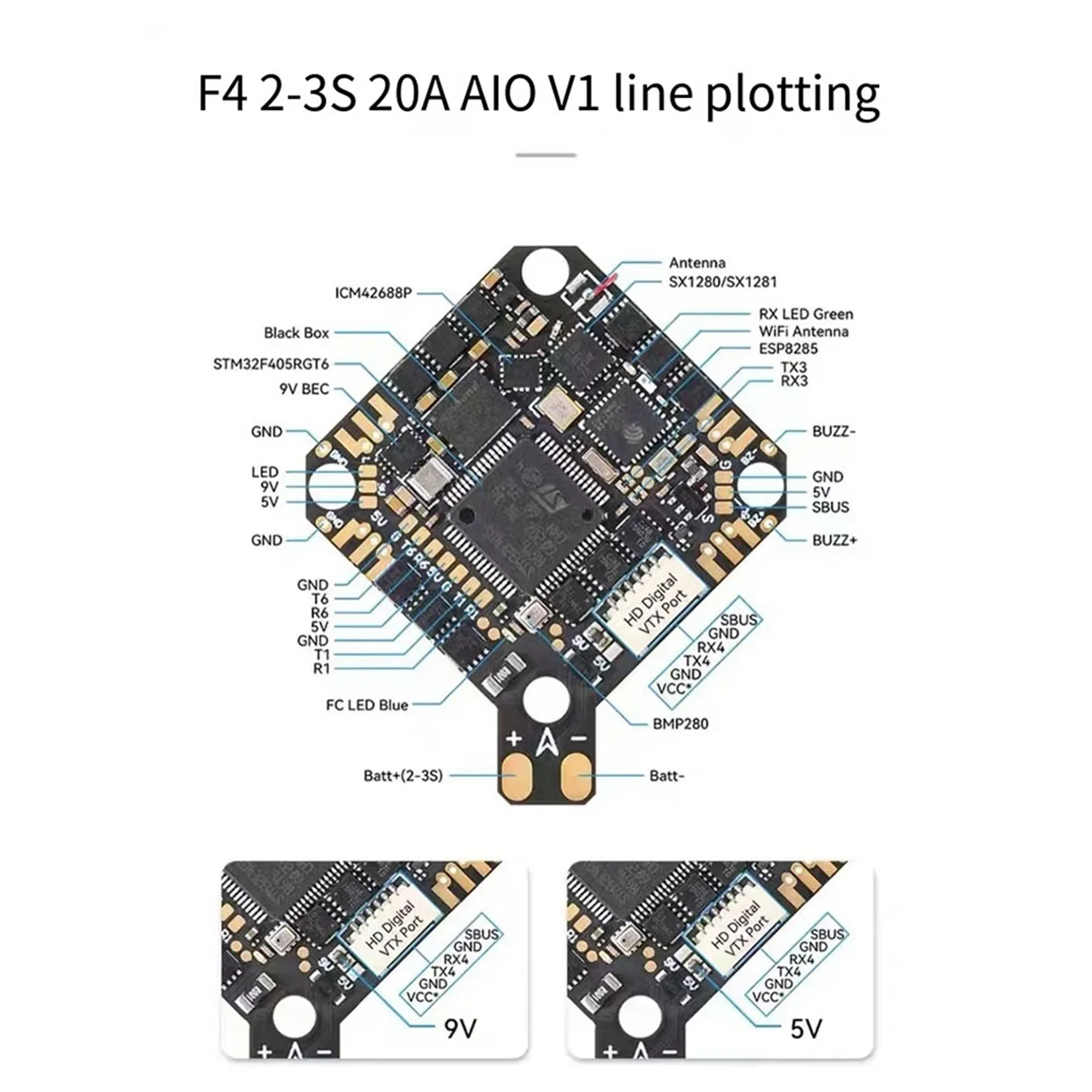 Détail du Module de Contrôle de Vol AIO V1 20A F4 2-3S pour drones FPV micro brushless Whoop, composants électroniques soudés.