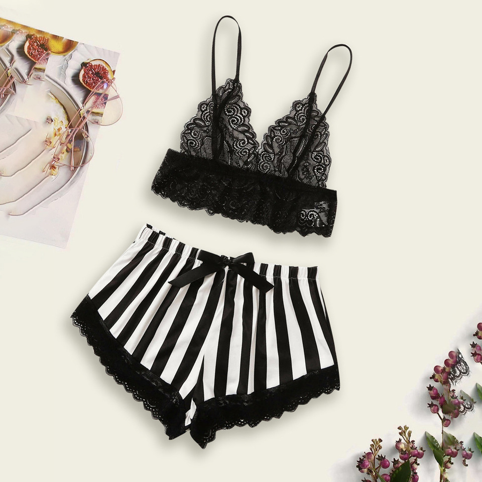 New Arrival: Women's Sexy Lace Camisole & Black-White Striped Satin-Elastic Lace-Trim Shorts 2-Piece Loungewear Set