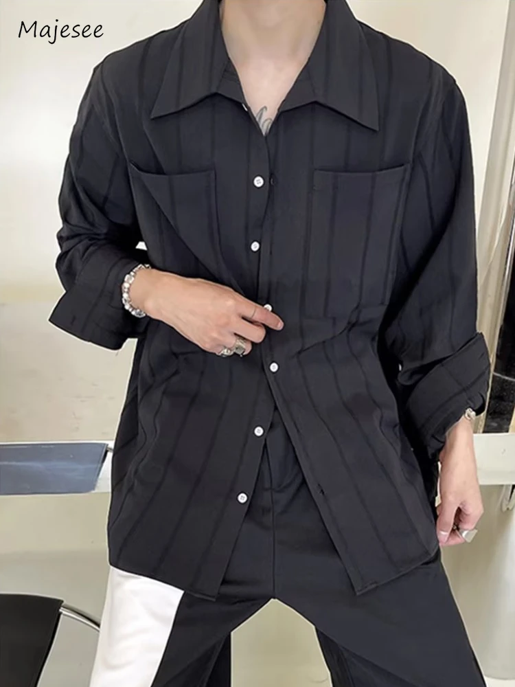 

Pleated Shirts Men Basics Loose Normcore Cozy High Street Harajuku Korean Commuting Style Simple Tender Slouchy Turn-down Collar