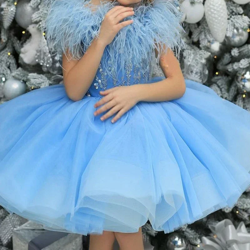 

Sky Blue Flower Girl Dress Feathers Beading Sequin Kids Dresses Ball Pageant For Wedding Party First Communion Gown