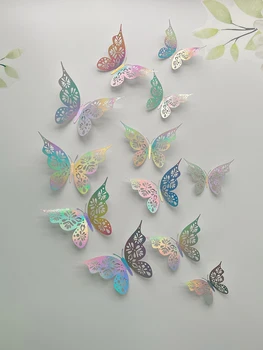 Autocollant mural papillon creux 3D, 12 pièces, papier de décoration pour chambre à coucher, salon, maison 1