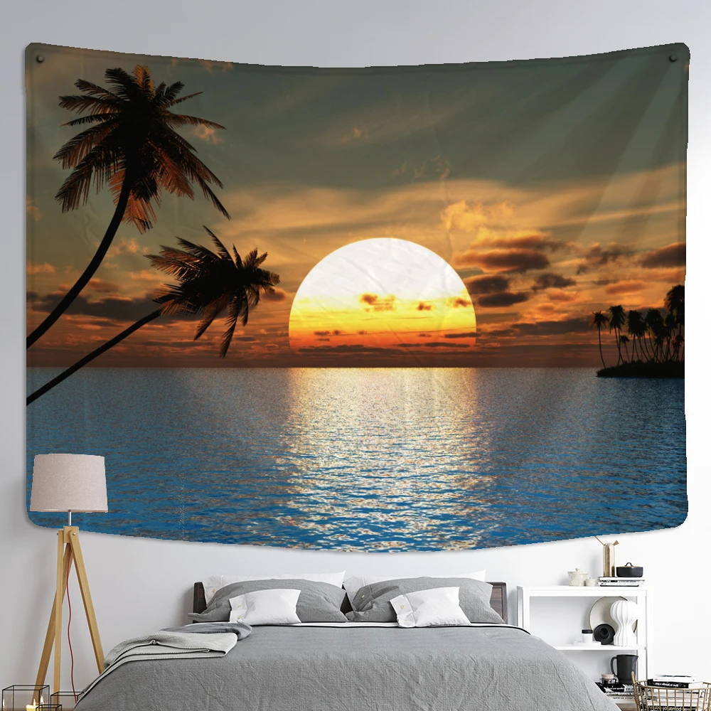Tenture Murale Paysage Bord De Mer - 150x130 Cm, Tissu Polyester, Décoration Pour Chambre Ou Salon