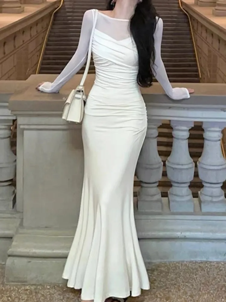 

Elegant and Chic Women Solid Bodycon Midi Dress Spring Summer Long Sleeve Casual Vintage Slim Party Birthday Clothes Female Robe