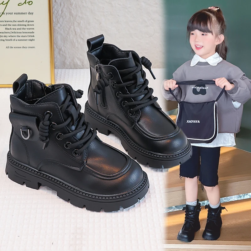 Girls Leather Ankle Boots Warm Lined Non Slip Hiking Boots