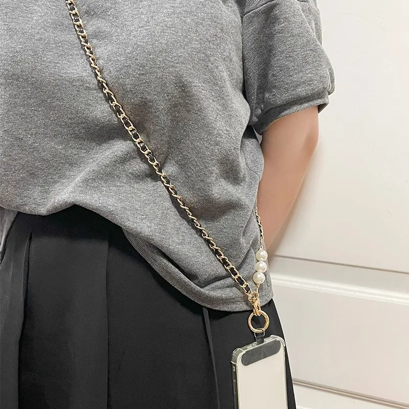 Elegant Pearl Accent Phone Lanyard -Braided Leather&Metal Chain Strap with Universal Phone Case Adapter,Crossbody Bag Decoration