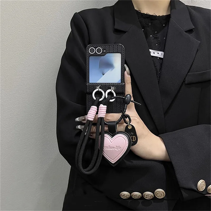 Korean-Inspired Pink Irregular Pattern Leather Phone Case with Love Heart Pendant