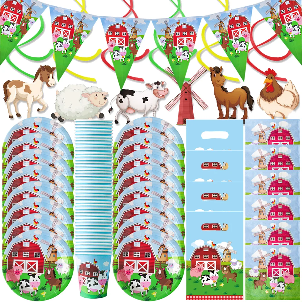 

Farm Animals Theme Party Decor Tableware Set Cups Plates Napkins Backdrop Banner Cow Chicken Children Birthday Party Supplies
