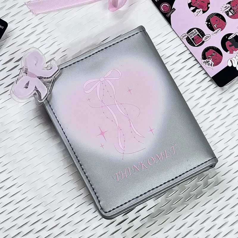 Silver PU leather photocard holder book ribbon star chasing card storage album with 20pages