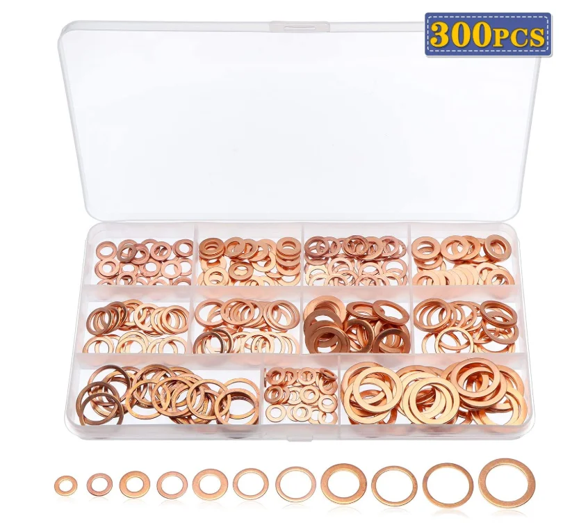 

300PCS Copper Washer Gasket Nut and Bolt Set Flat Ring Seal Assortment Kit with Box M5 M6 M8 M10 M12 M14 M16 for Sump Plugs