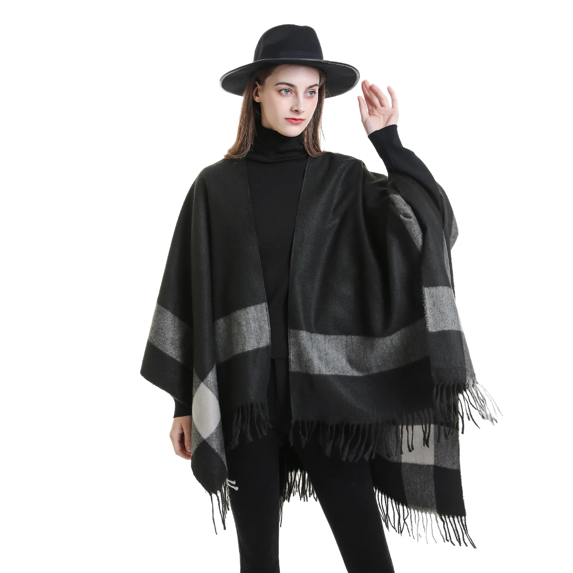 

Women Cashmere Cape Gradient Plaid Warm Tassel Cloak Elegant Shawl with Slit Scarf Soft Large Blanket