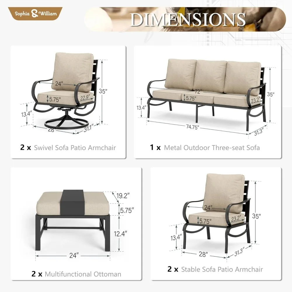 Patio Furniture Sets for 7 Outdoor Conversation Set 7 Pcs with 2 x Swivel Chairs, 2 x Armrest Sofa Chairs, 1 x 3-Seat Sofa 2