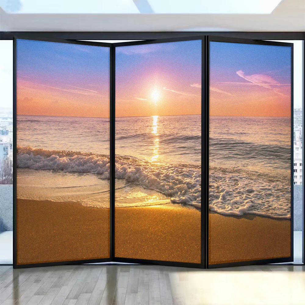 

Privacy Window Film Golden Beach Pattern Frosted Glass Film Sun Blocking Glue-Free Static for Glass Sliding Door Stained Film