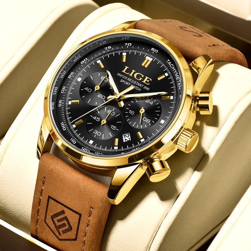 LIGE Luxury Men's Waterproof Chronograph Leather Quartz Watch
