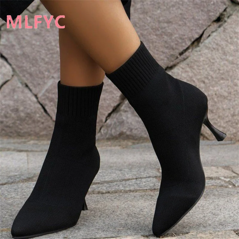 European and American Women's High Heeled Short Boots Autumn and Winter Pointed Thin Heeled Boots Winter Fashion Boots