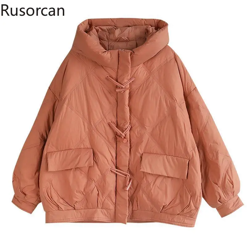 

90 White Duck Down Fashion Coat 2023 New Twist Button Design Solid Color Casual Hooded Down Coat Women's Warm Loose Top Female