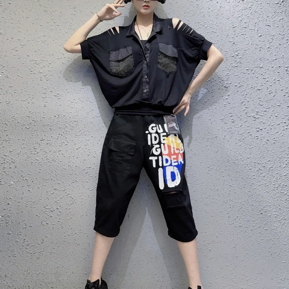 

Fashion Pant Set Women Black Loose Slim Off Shoulder T-shirt + Elastic Waist Harem Pants Capris Two Piece Set 2024 Summer LX983