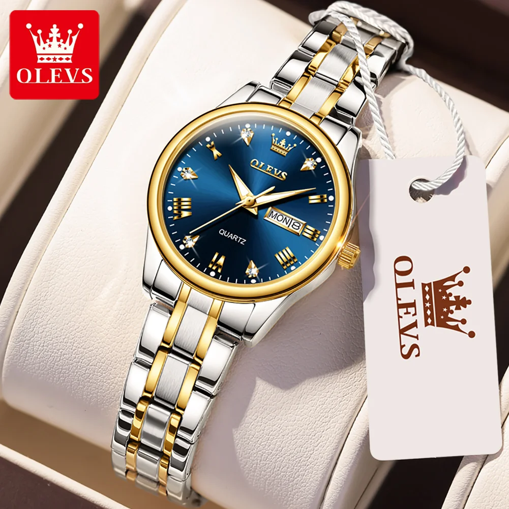 OLEVS Brand New Fashion Quartz Watch Women Waterproof Classic Week Date Luxury Womens Watches Stainless Steel Blue Wristwatch
