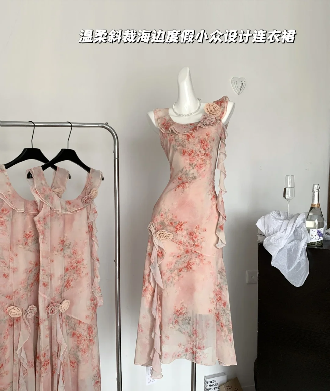 

Women Summer Elegant Sleeveless 3D Floral Print Dress Female Luxury Vintage Seaside Holiday Fairy Long Dresses G330