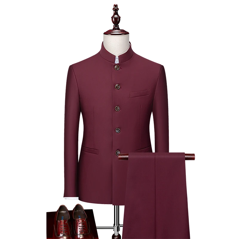 Men's Casual Business Suit Stylish Standing Collar Zhongshan Two-Piece Set Handsome Trendy Suit And Trousers Ensemble