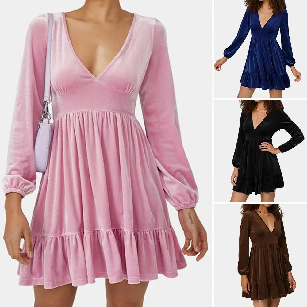 

Lantern Long Sleeve Waist Tight High-Waist A-Line Autumn Dress Elegant Pleated Ruffle Hem Mini Velvet Dress Female Clothing