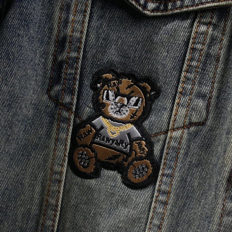 New Street Fashion American Retro Denim Wear Men's Locomotive Korean Style Pu Shuai Bear Embroidery Jacket