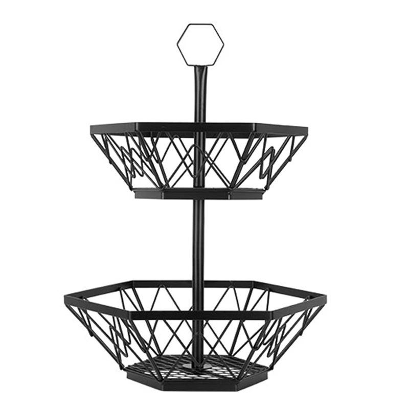 

2 Tier Fruit Basket, Double Metal Fruit Bowl, Vegetable Bread Basket For Home Farmhouse Kitchen Countertop Storage Rack