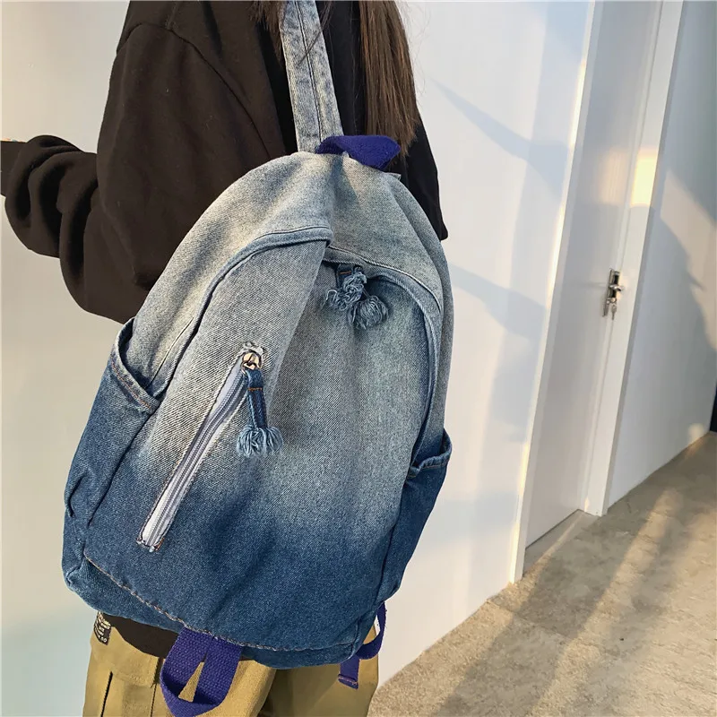 

Korean Vintage Fashion Preppy School Backpack for Teenager Students 2023 New Simple Gradient Canvas Denim Women Y2k Backpack